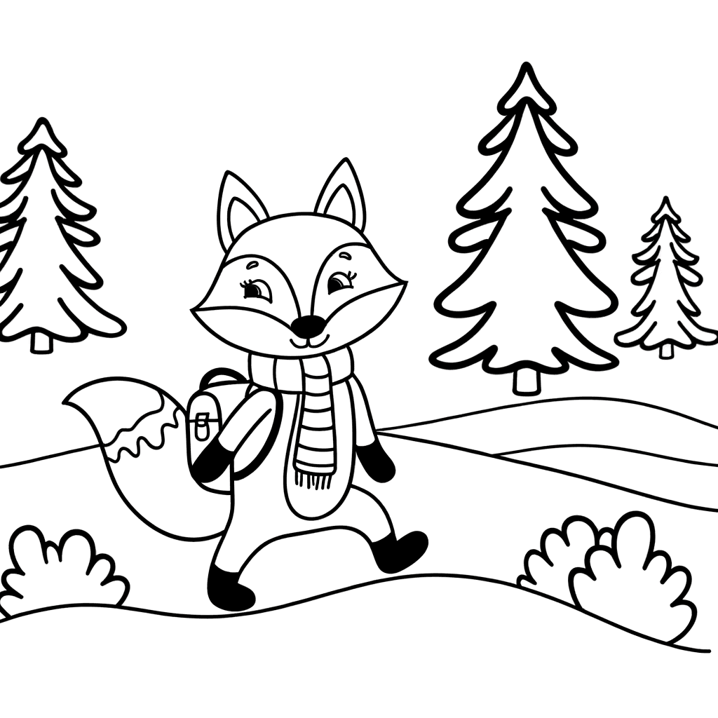 Wandernder Fuchs mit Rucksack und Schal