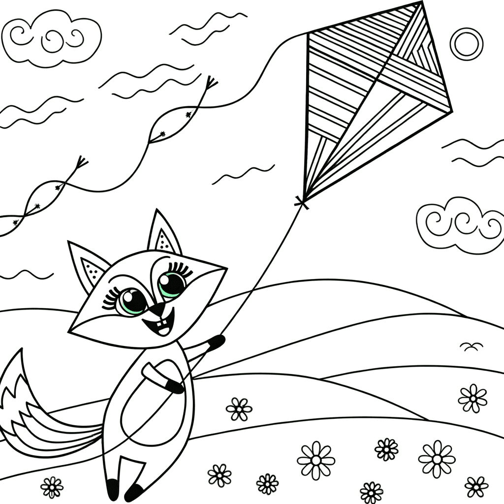 Ausmalbild: Spielender Fuchs mit Drachen