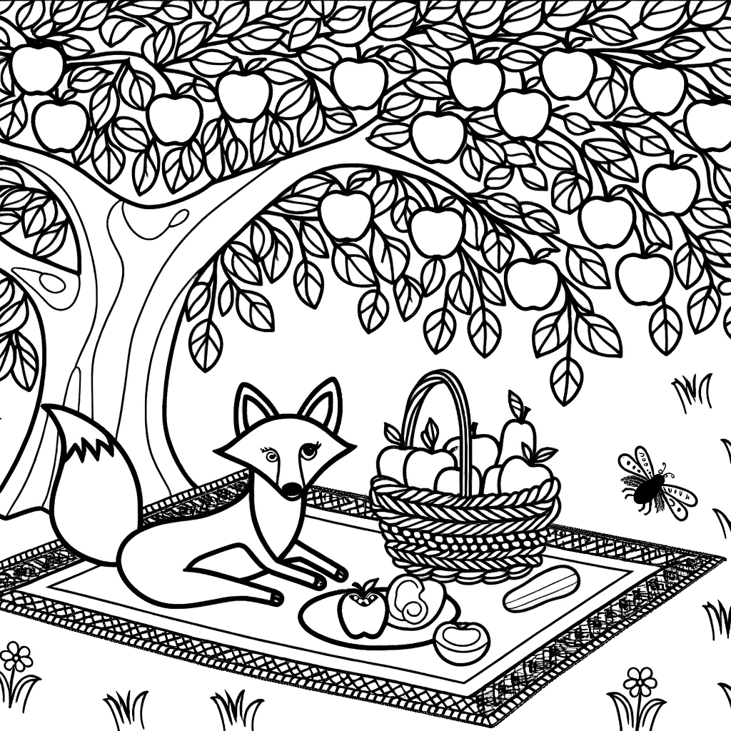 Ausmalbild: Fuchs beim Picknick unter dem Apfelbaum