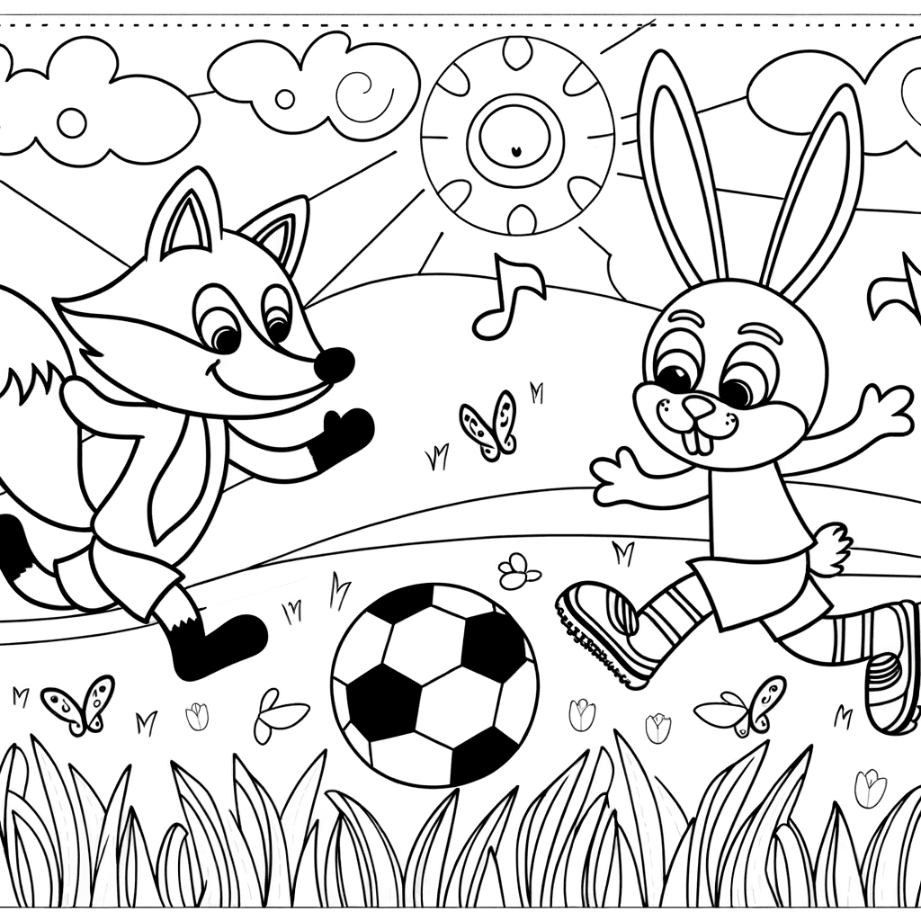 Ausmalbild: Fuchs und Hase spielen Fußball auf der Wiese