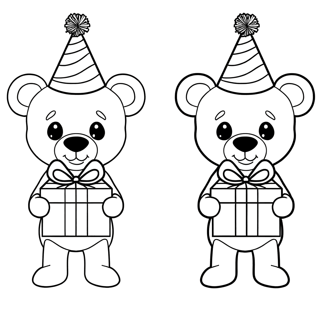 Ausmalbild: Süßer Teddybär mit Partyhut und Geschenk