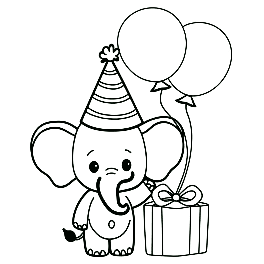Ausmalbild: Kleiner Elefant mit Partyhut und Geschenk