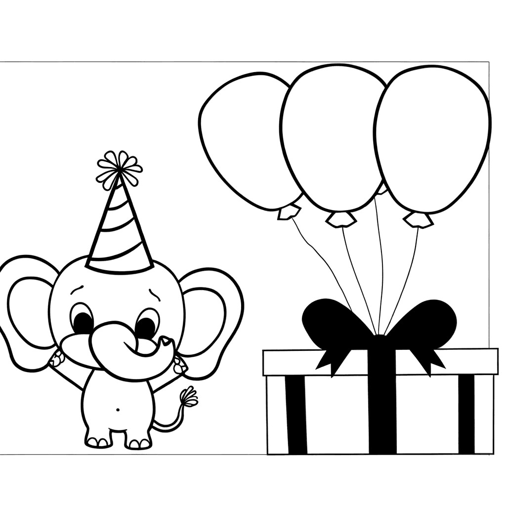 Ausmalbild: Süßer Elefant feiert Geburtstag