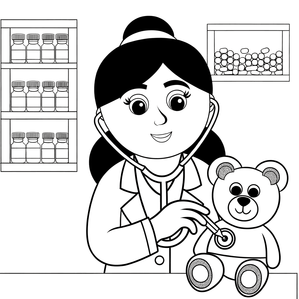 Ausmalbild: Freundliche Kinderärztin untersucht Kuscheltier
