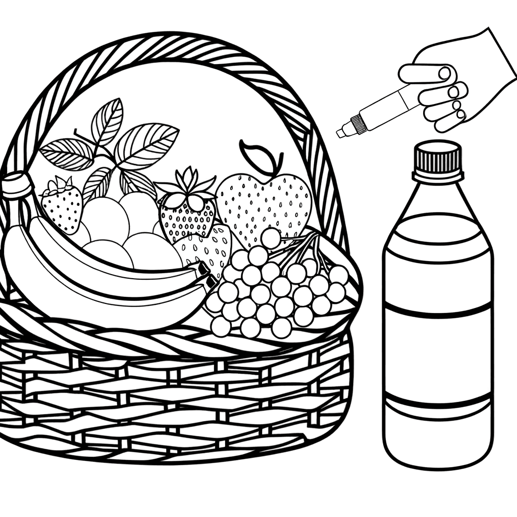 Ausmalbild: Gesunder Picknick-Korb mit Obst & Wasser