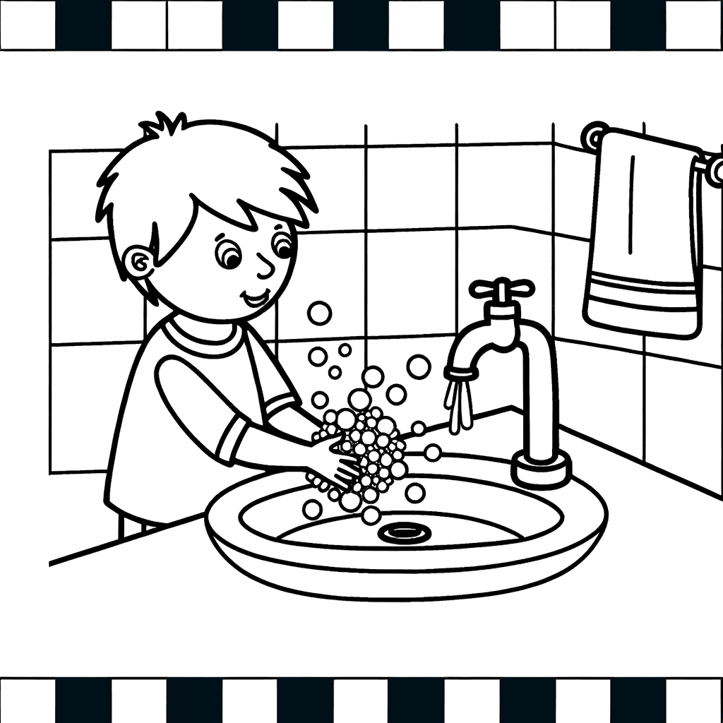 Ausmalbild: Junge beim Händewaschen im Badezimmer
