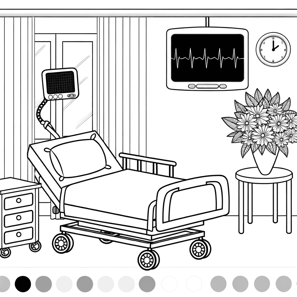 Modernes Krankenhauszimmer mit Krankenbett Ausmalbild