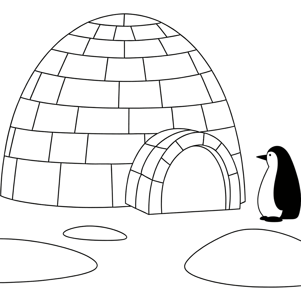 Ausmalbild Iglu mit kleinem Pinguin