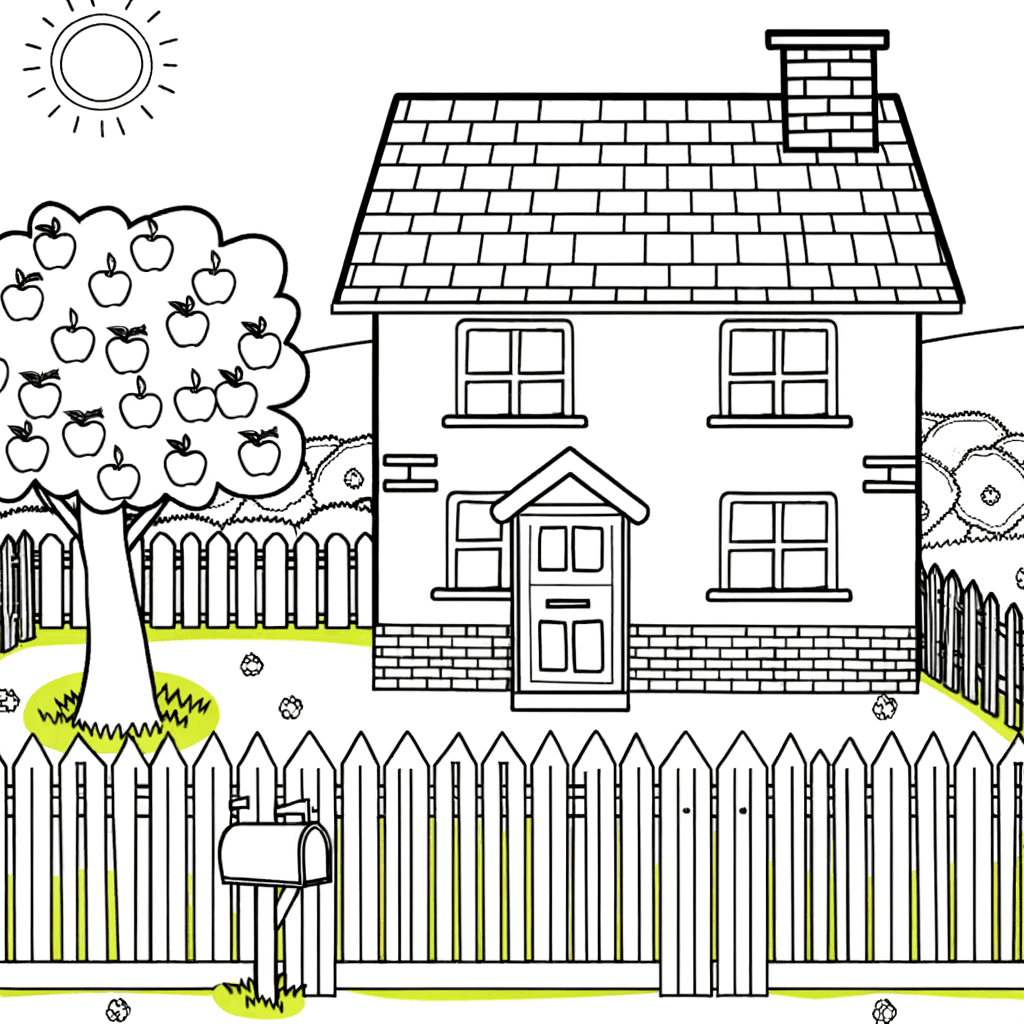 Einfamilienhaus mit Apfelbaum und Gartenzaun Ausmalbild