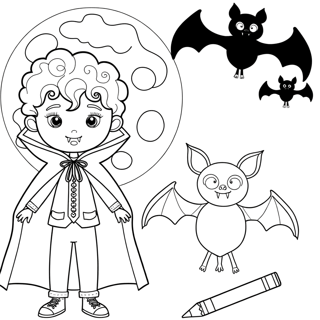 Ausmalbild: Kleiner Vampir mit Fledermaus bei Vollmond