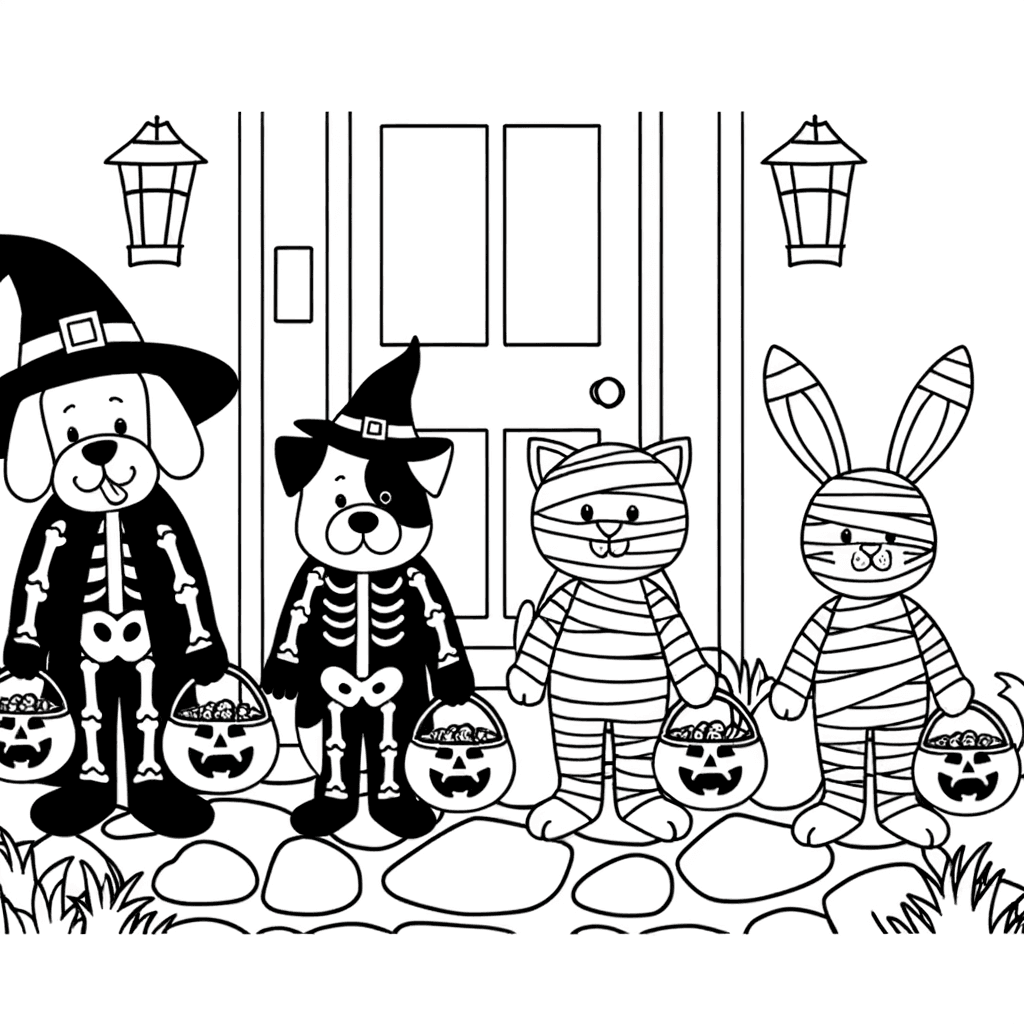 Coloriage Halloween : Animaux déguisés pour la chasse aux bonbons