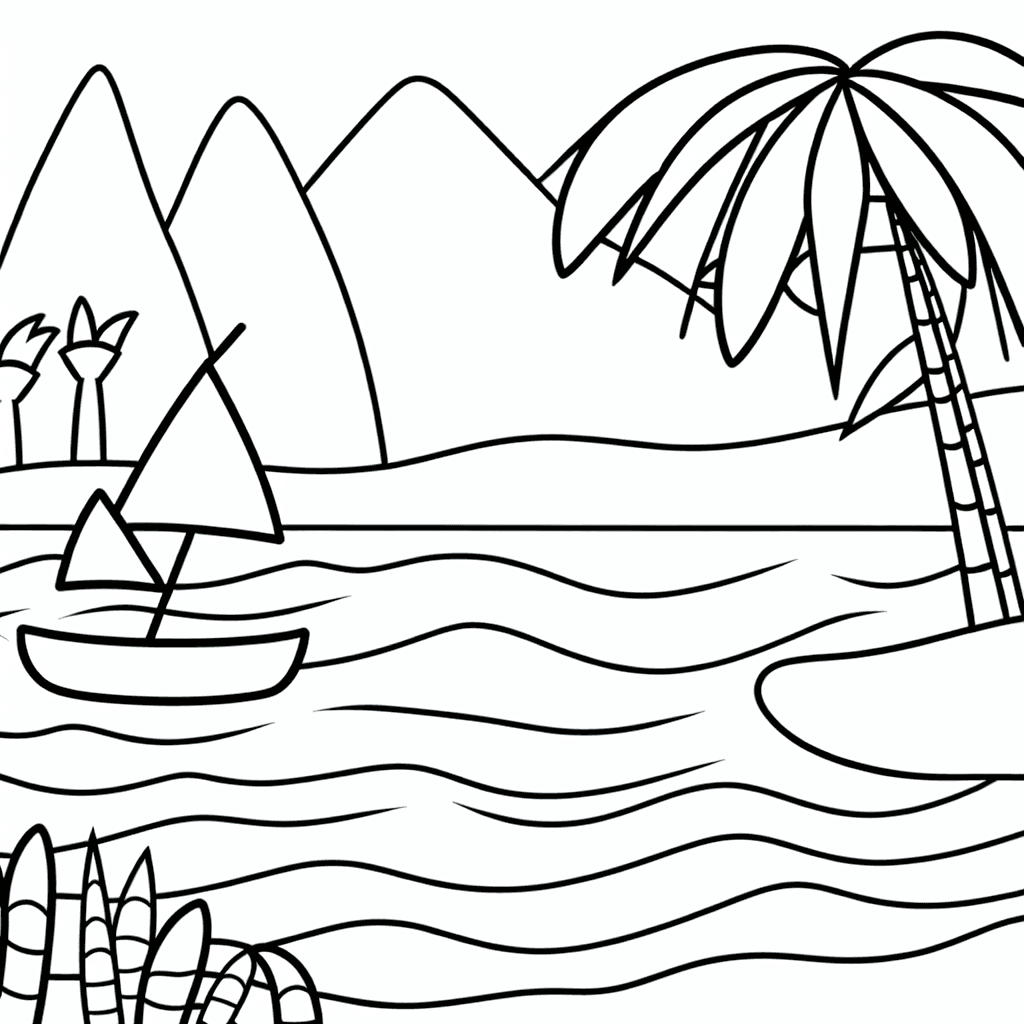 Kleurplaat: Nijl met boot en palmbomen