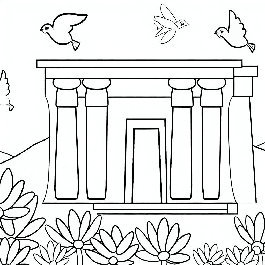 Ägyptischer Tempel mit Blumen und Vögeln