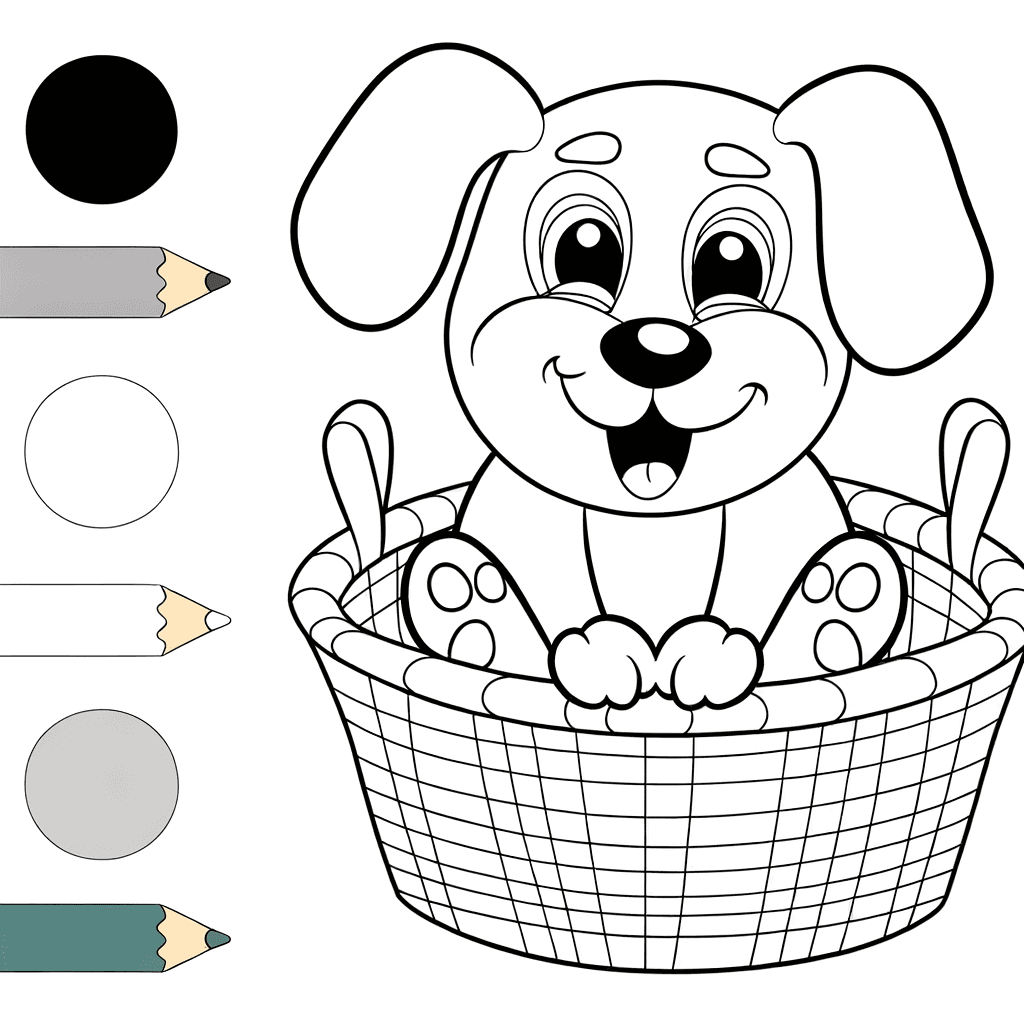 Schattige Puppy in Mandje Kleurplaat