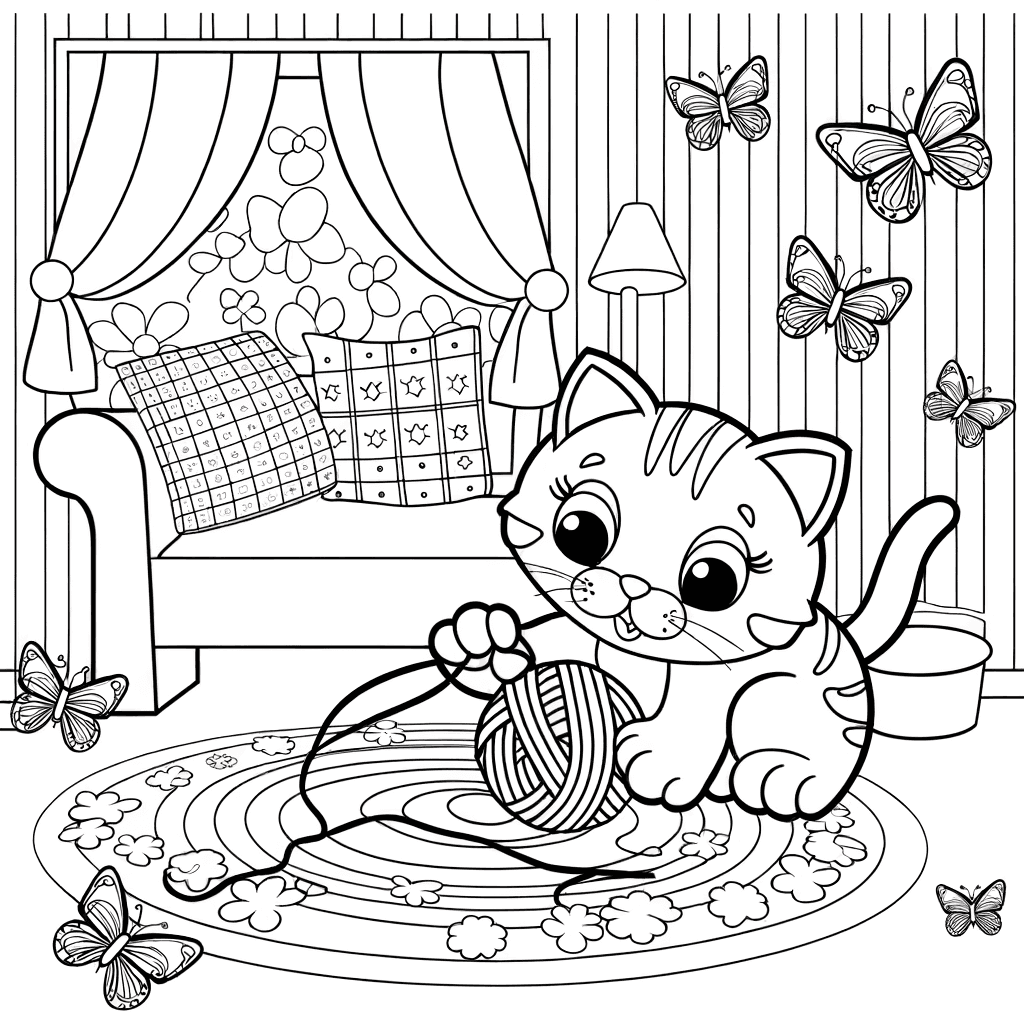 Schattig kitten speelt met wol en vlinders