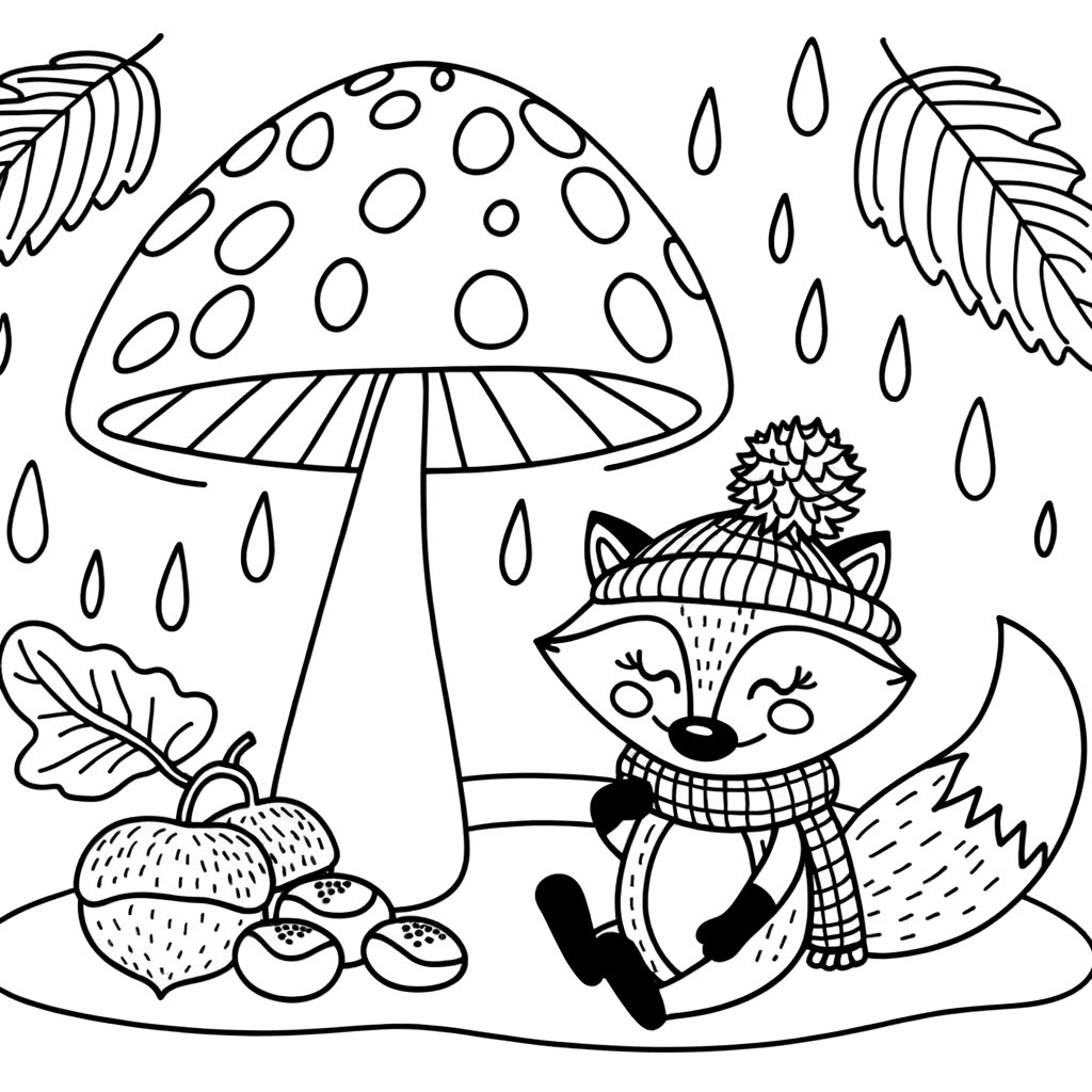 Coloring Page: Fox Sheltering from Rain under a Mushroom