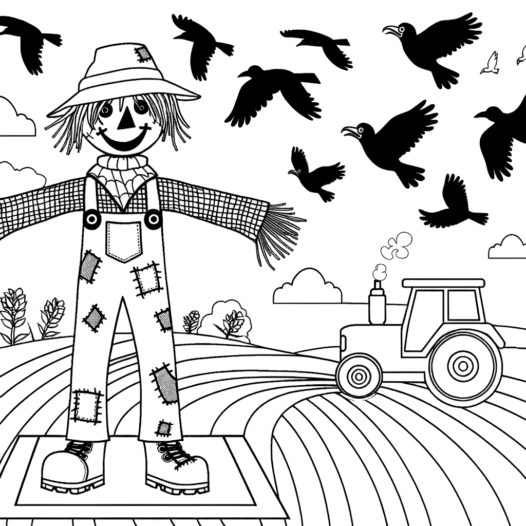 Ausmalbild: Lustige Vogelscheuche im Maisfeld mit Traktor