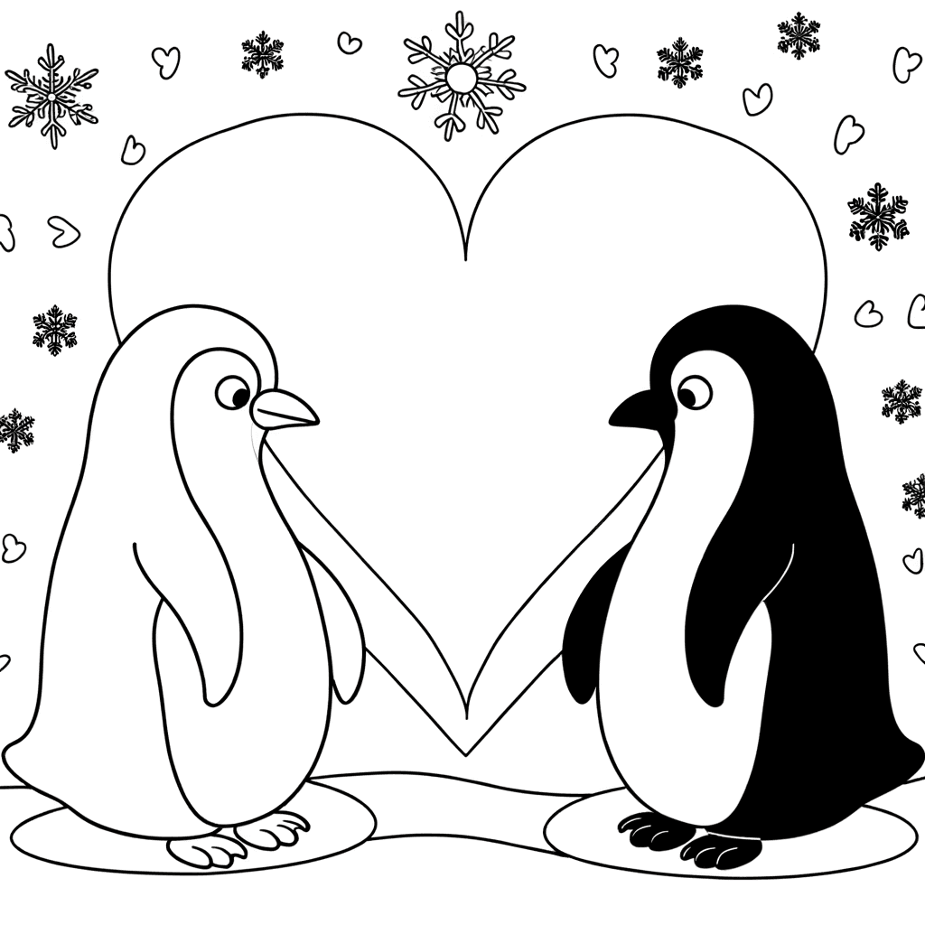 Ausmalbild: Verliebte Pinguine in Herzform
