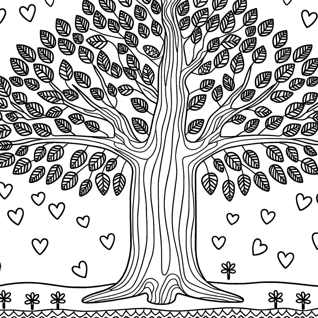 Ausmalbild: Majestätischer Herzbaum mit Herz-Blumen