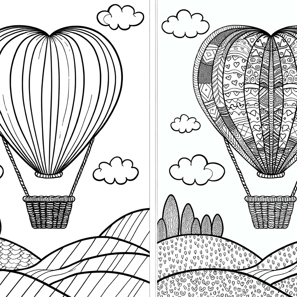 Heißluftballon in Herzform über Hügellandschaft