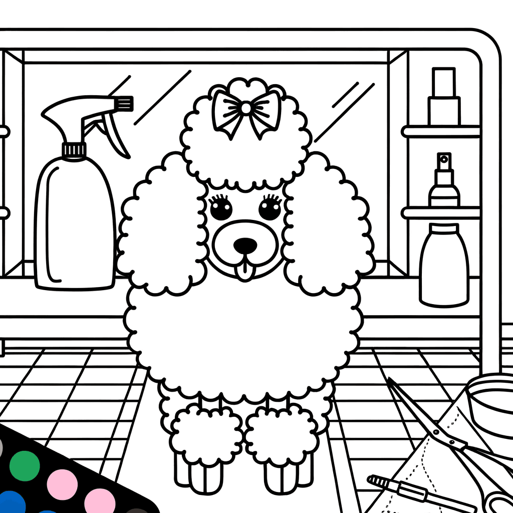 Flauschiger Pudel im Hundesalon – Ausmalbild
