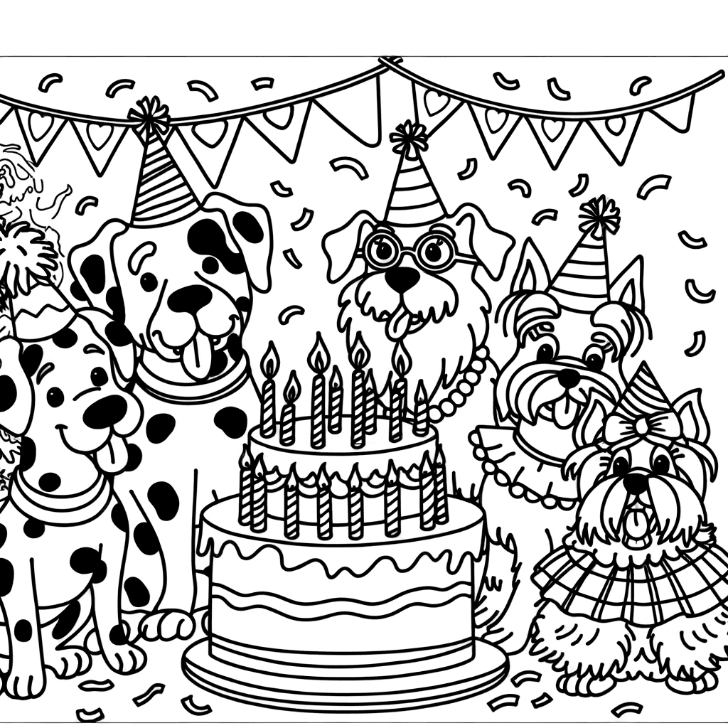 Hunde-Geburtstagsparty Ausmalbild: Dalmatiner, Bulldogge & Terrier