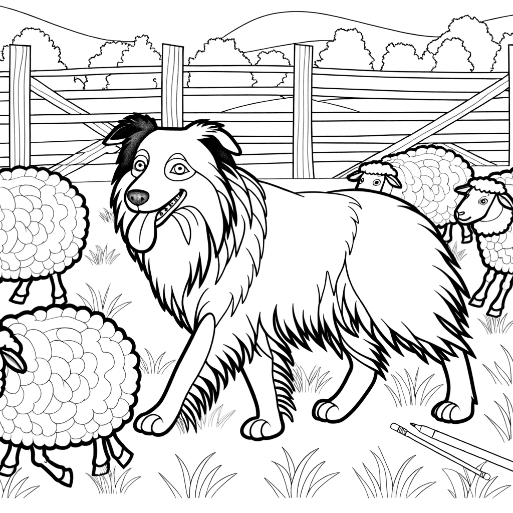 Border Collie pastoreando ovejas: Dibujo detallado para colorear
