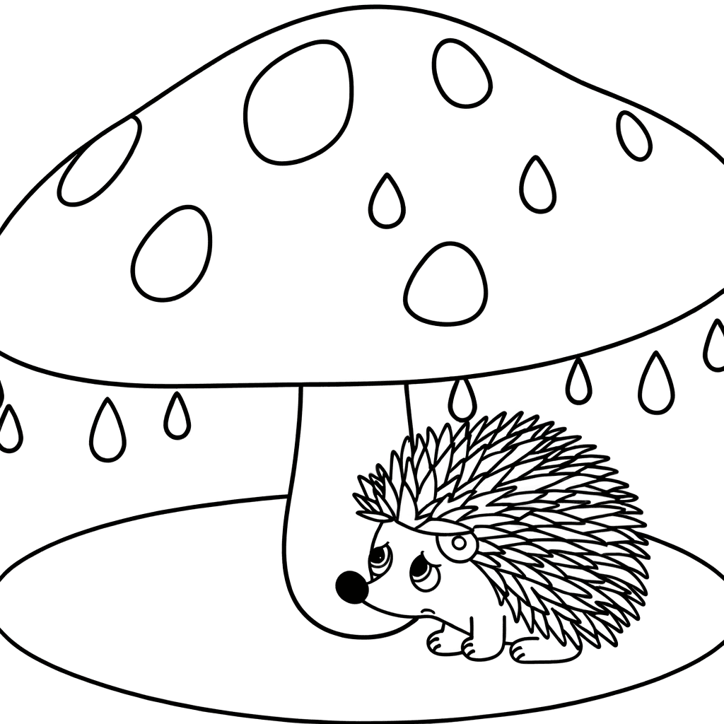 Igel unter Pilz im Regen Ausmalbild