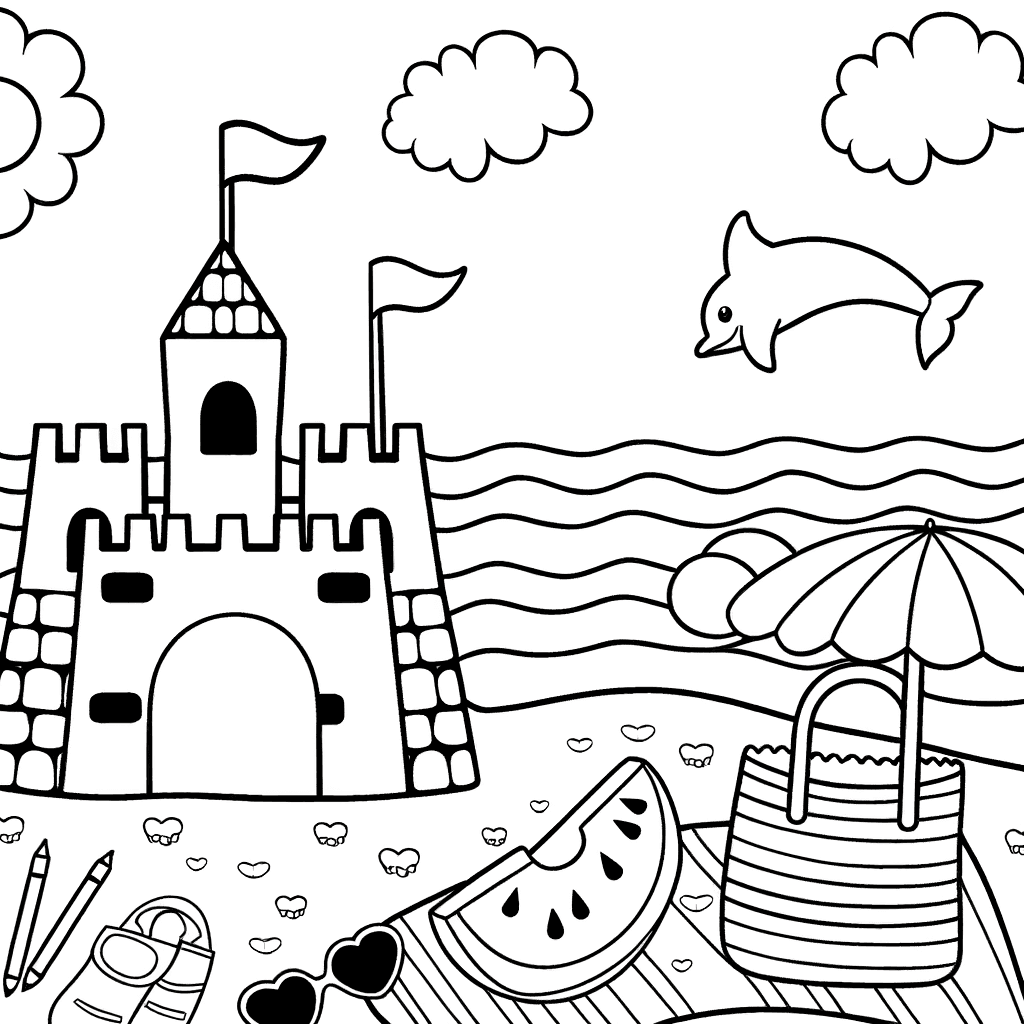 Ausmalbild Sommerferien: Sandburg und Delfin am Strand