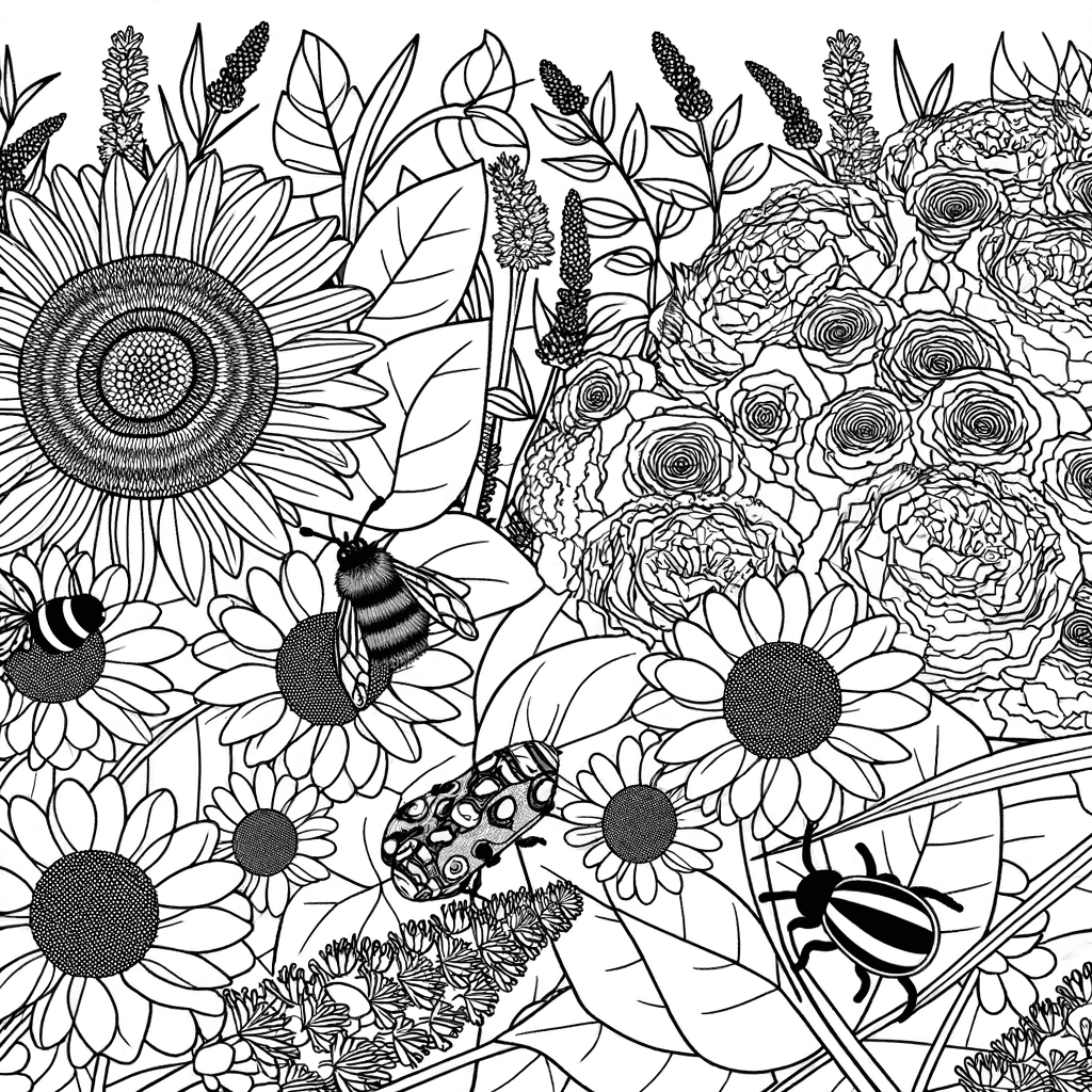 Ausmalbild: Sommergarten mit Blumen und Insekten