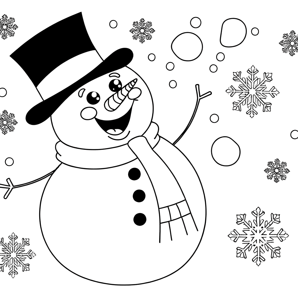 Lustiger Schneemann mit Zylinder - Ausmalbild für Kleinkinder
