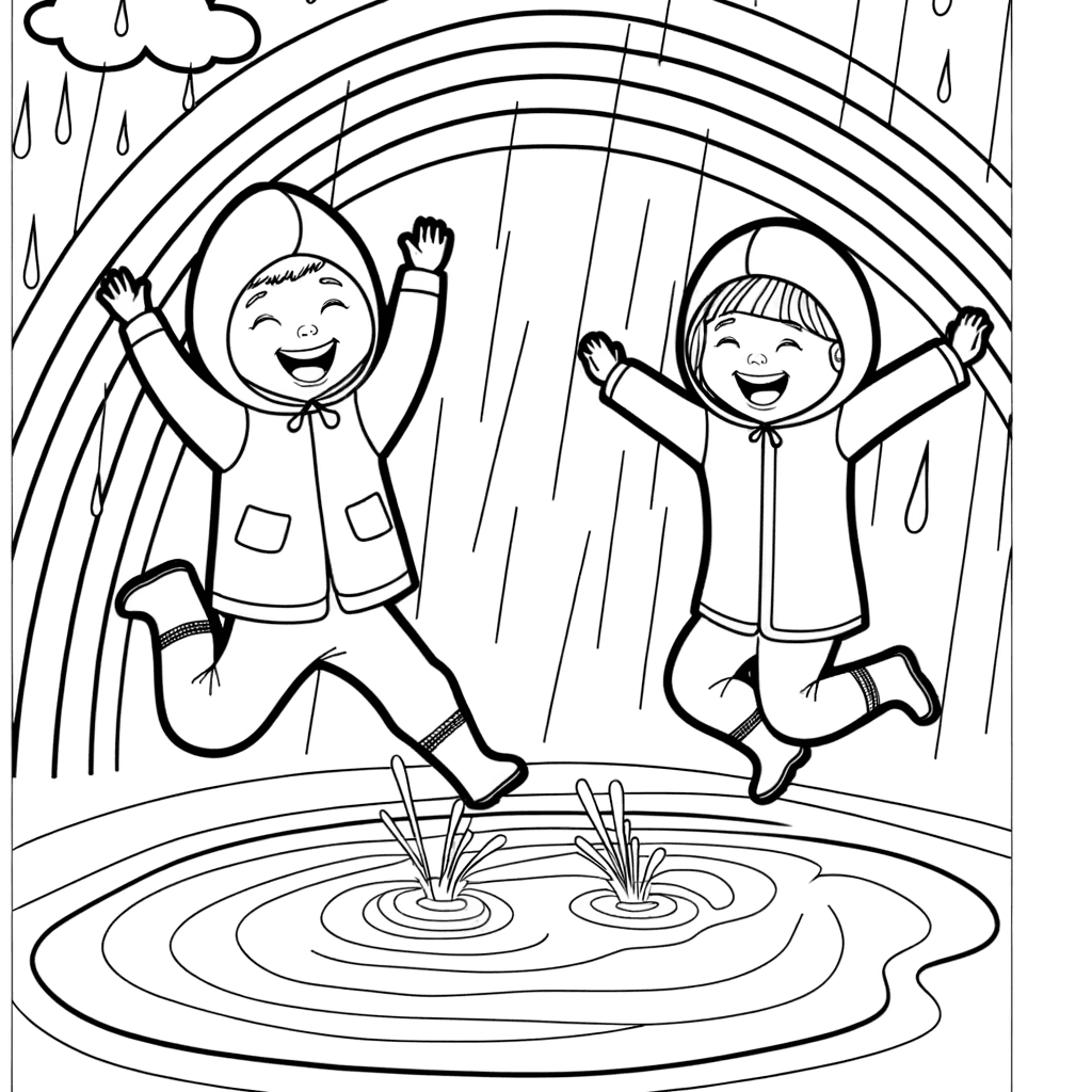 Kinder springen in Pfütze mit Regenbogen