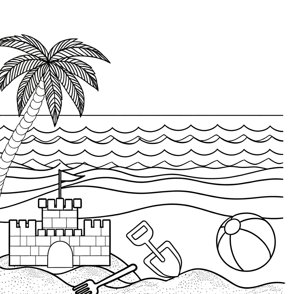 Ausmalbild Sommerliche Strand-Szene mit Sandburg