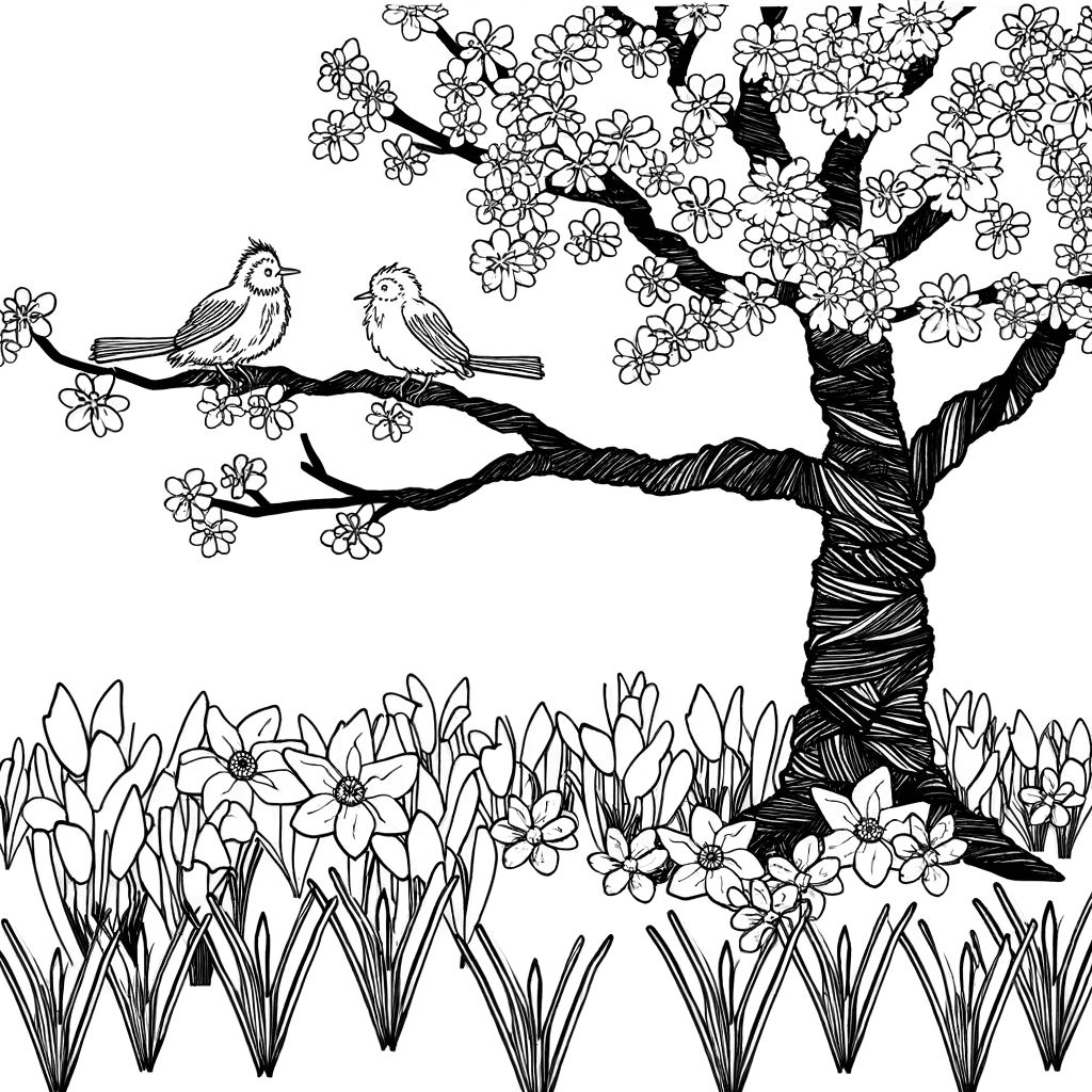 Ausmalbild: Kirschbaum im Frühling mit Vögeln & Blumen