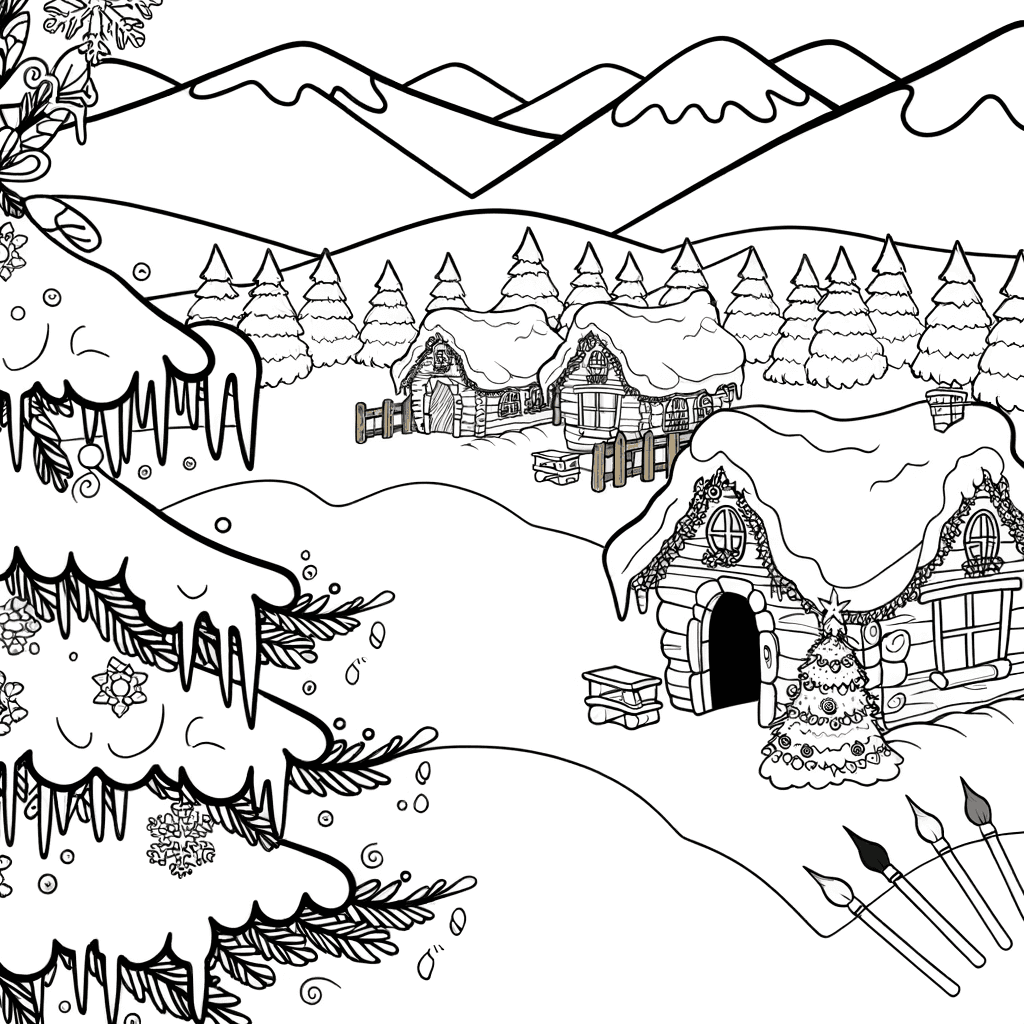 Coloriage : Paysage d'hiver avec village et sapin de Noël