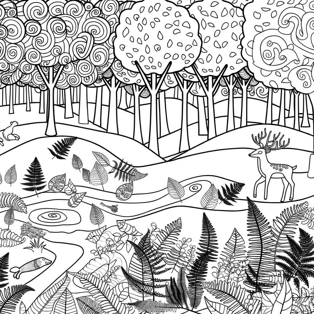 Ausmalbild Herbstwald-Panorama mit Tieren