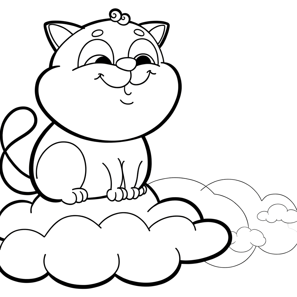 Ausmalbild: Dicke Katze auf einer Wolke für Kleinkinder