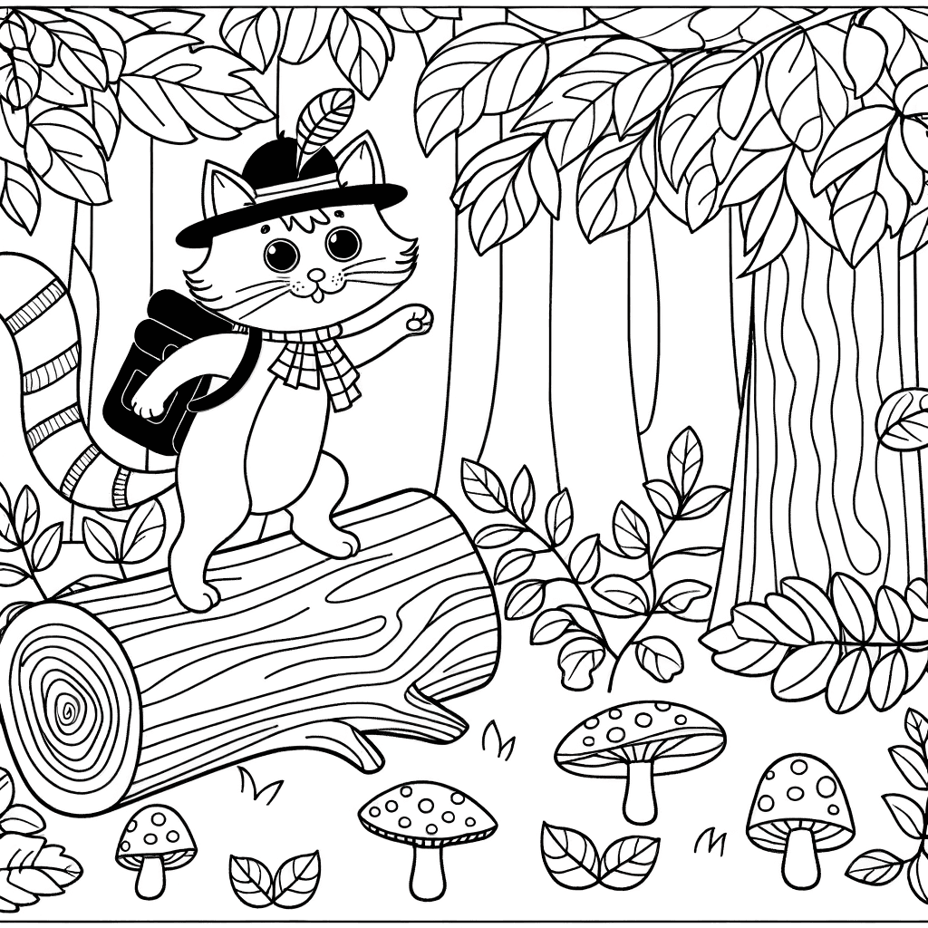 Adventure Cat in the Forest Coloring Page