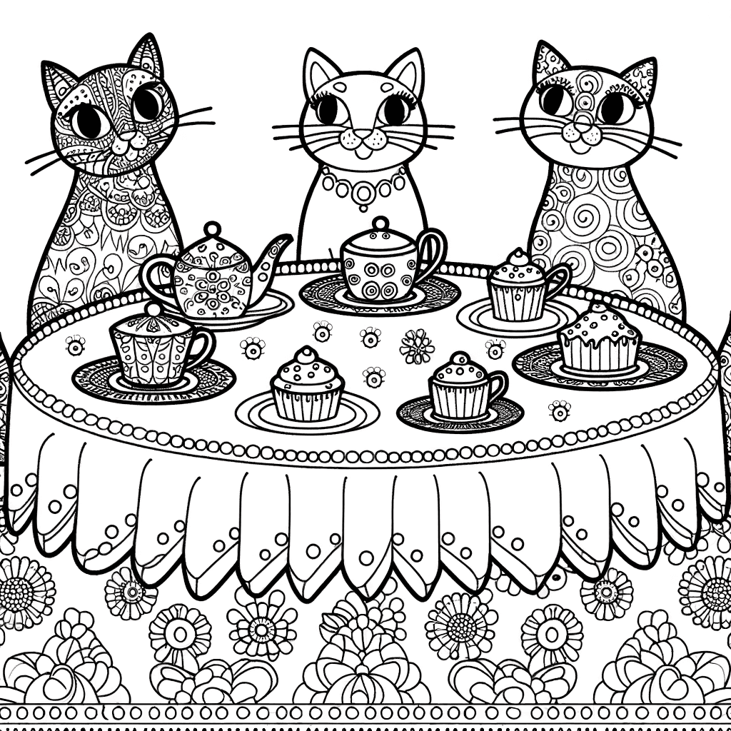 Ausmalbild: Die elegante Katzen-Teeparty