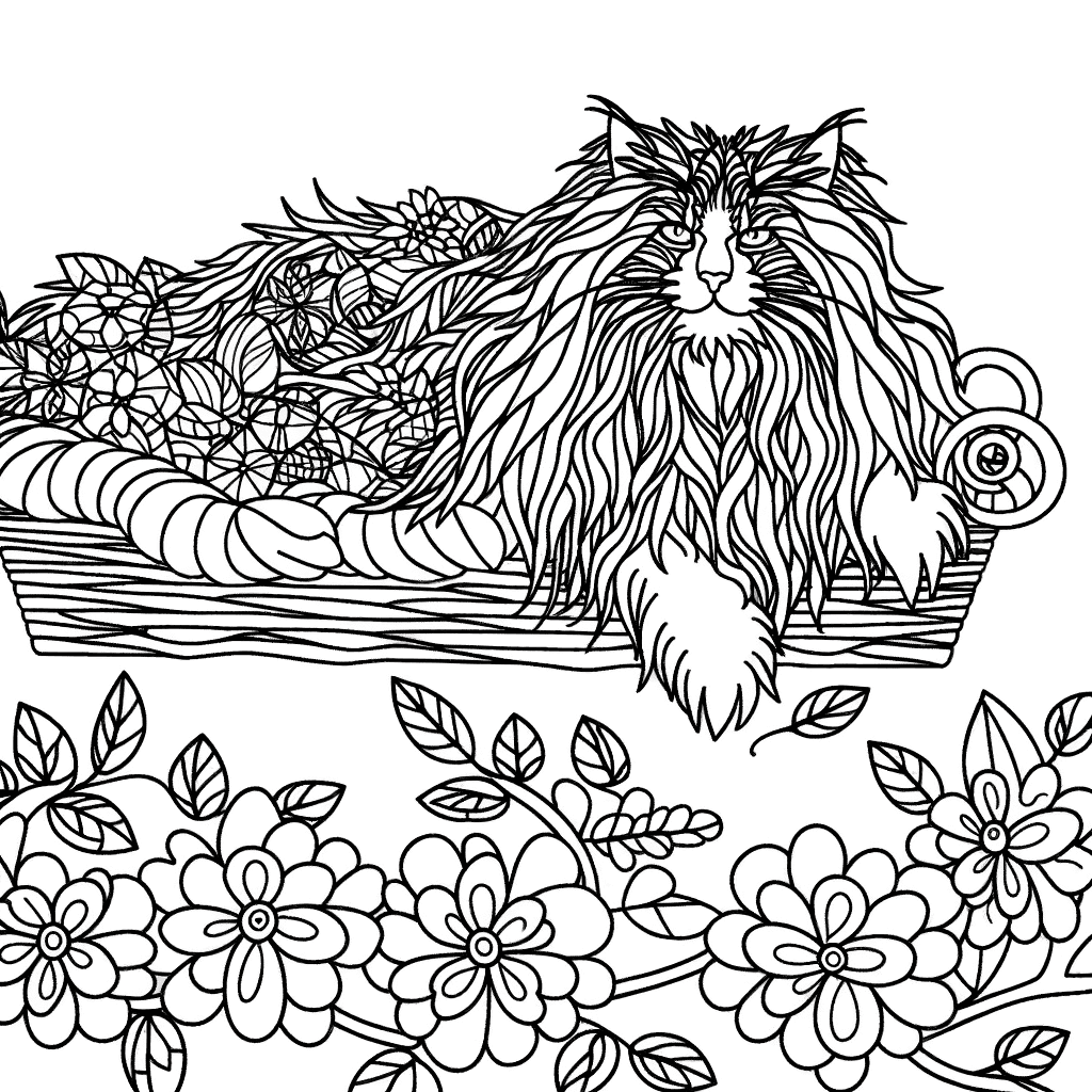 Majestätische Langhaarkatze im Blumenkorb