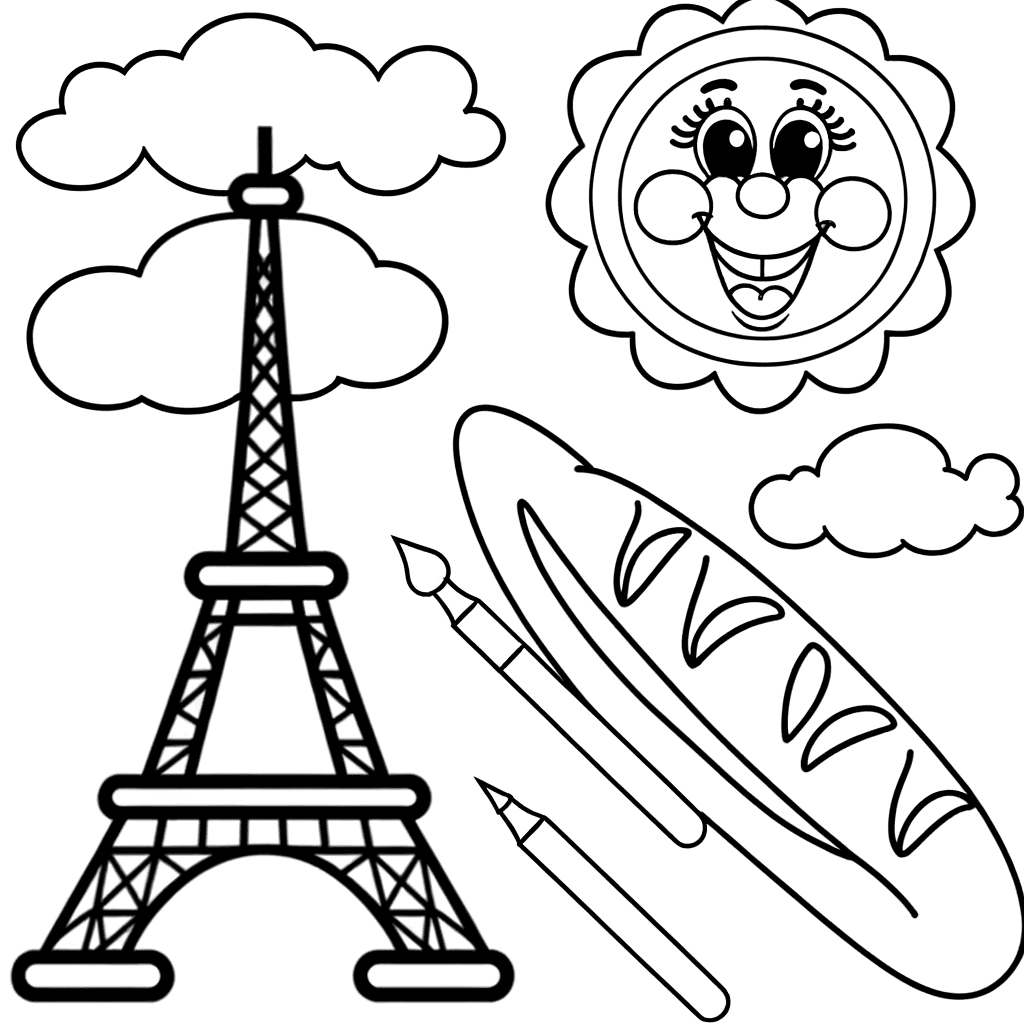 Ausmalbild: Fröhlicher Eiffelturm mit Baguette