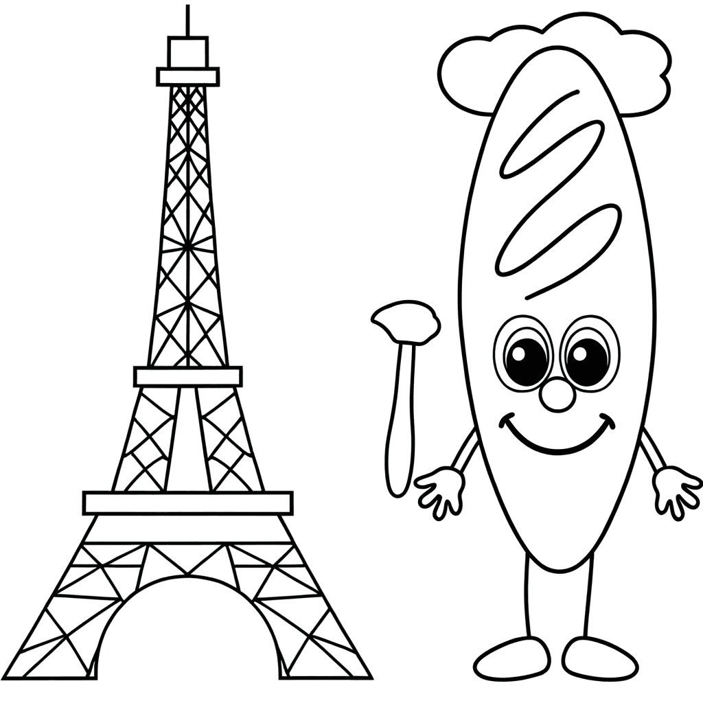 Lustiger Eiffelturm mit Baguette Ausmalbild