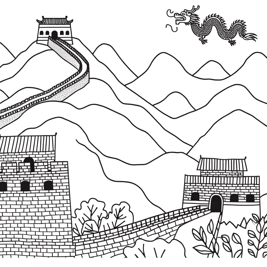Ausmalbild: Chinesische Mauer mit Drachen