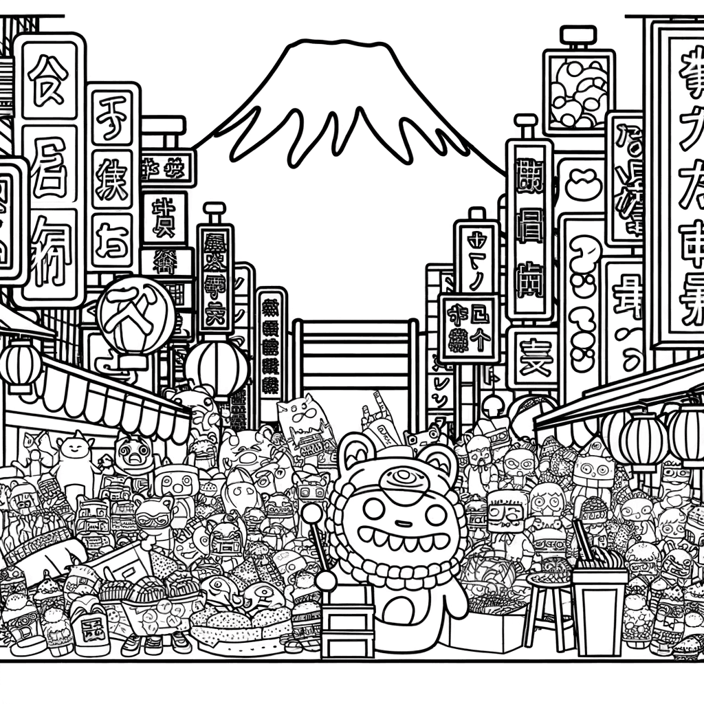 Ausmalbild Tokio: Straßenszene mit Leuchtreklamen & Berg Fuji
