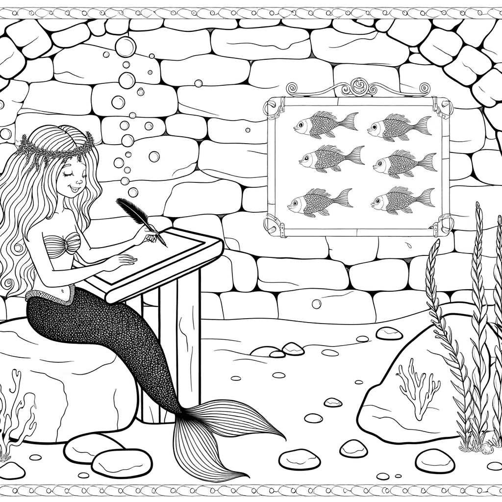 Meerjungfrau in der Unterwasser-Schule Ausmalbild