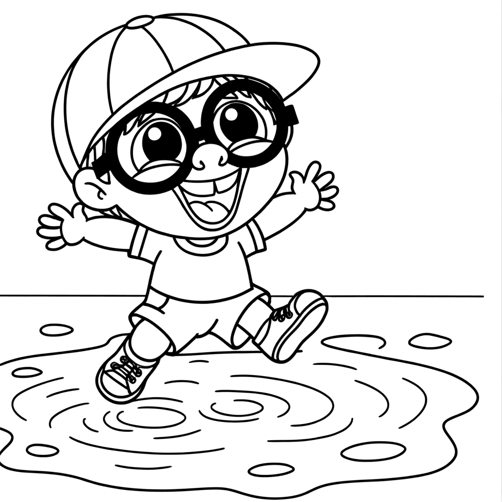 Fröhliches Kind mit Brille springt in Pfütze