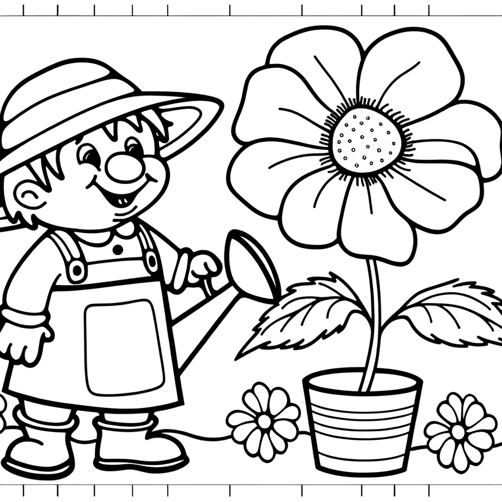 Kleiner Gärtner mit Gießkanne & Riesenblume