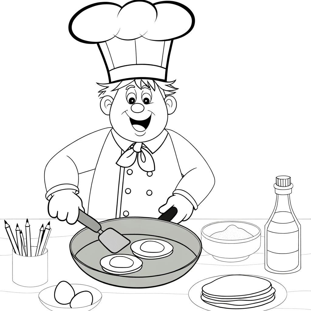 Ausmalbild: Talentierter Koch beim Pfannkuchenwenden