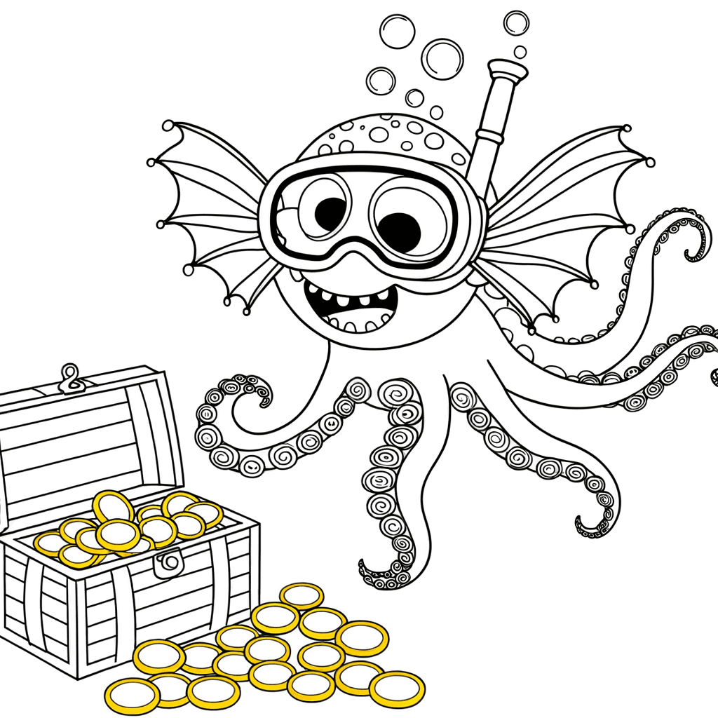 Ausmalbild: Unterwasser-Monster mit Schatztruhe