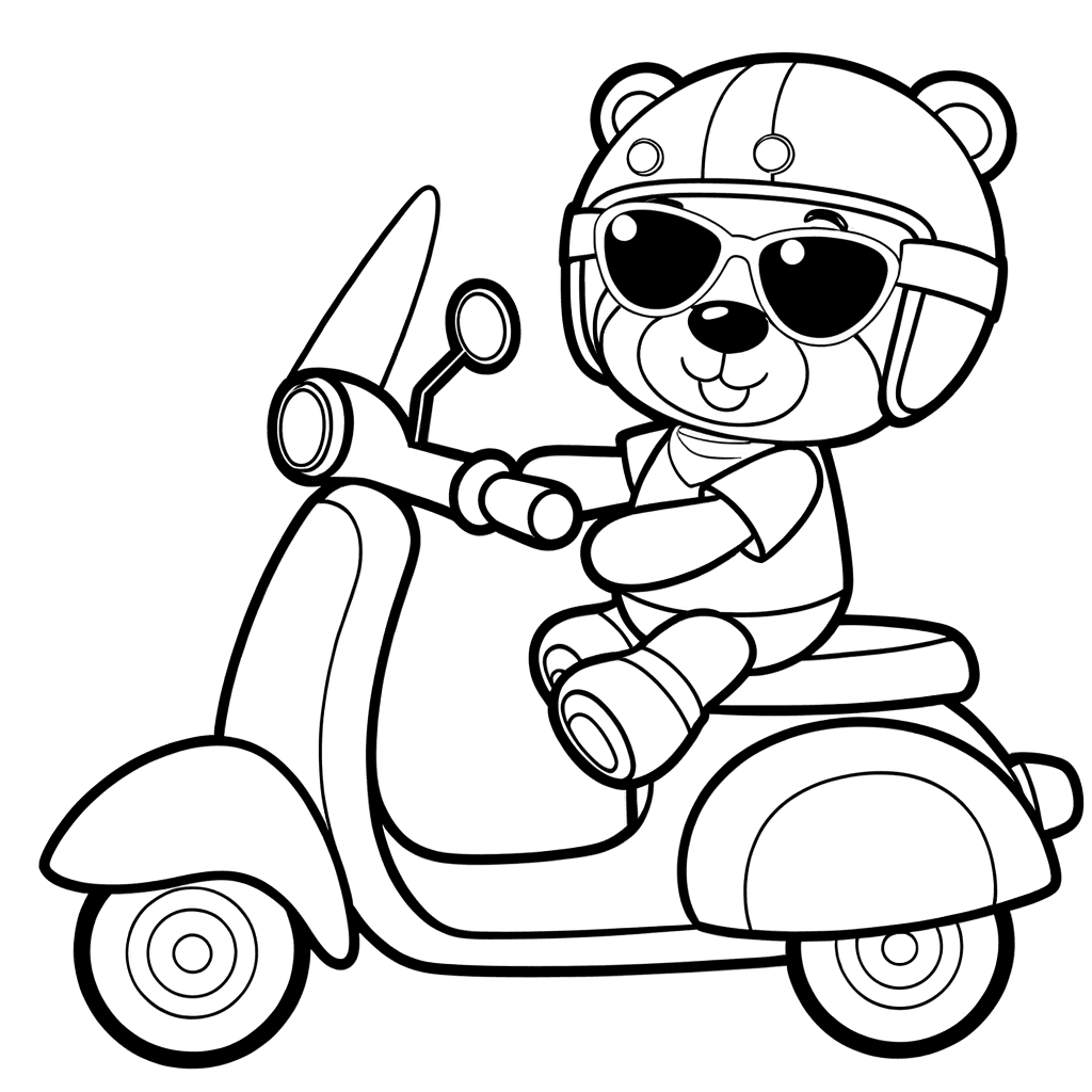 Teddybär auf Motorroller Ausmalbild